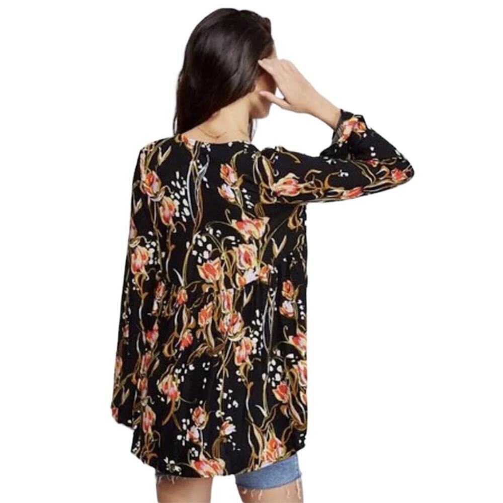 Free People Bella Floral Print Tunic Size Medium Festival Boho Bell Sleeve Black